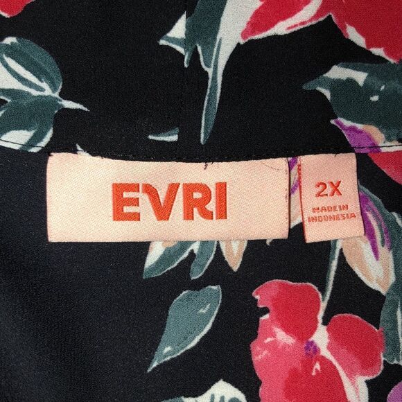 EVRI 2X Black Fuchsia Pink Green Wt Floral Neck Tie Long Sleeve Pullover Blouse - Picture 12 of 14